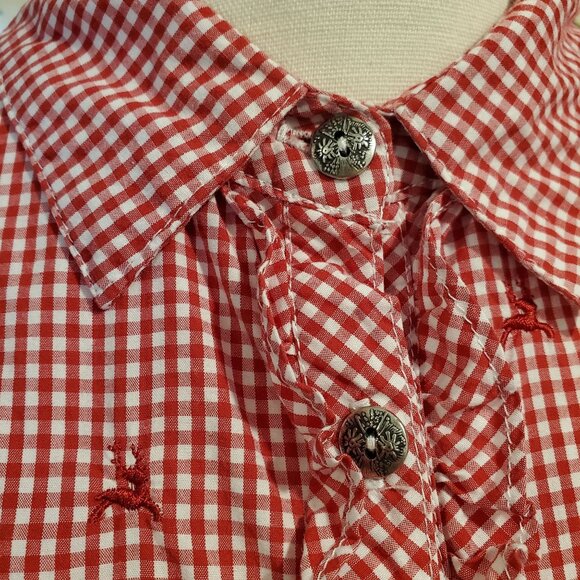 Vintage Country Line Red & White Reindeer Ruffle Button Top Women's Small - Picture 4 of 10